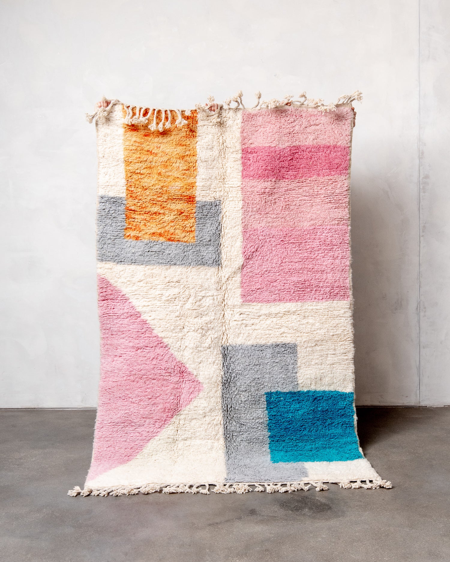 Modern, designer, handcrafted Berber rug from Morocco. Beniourain carpet with beautiful colours and patterns and fluffy wool texture.
